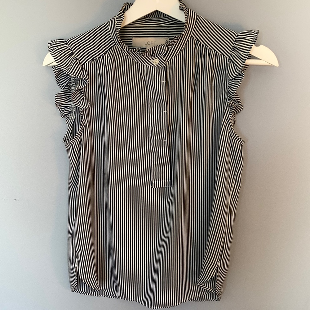 LOFT - Petite Striped Ruffle Henley Shell - XS - Forever Navy